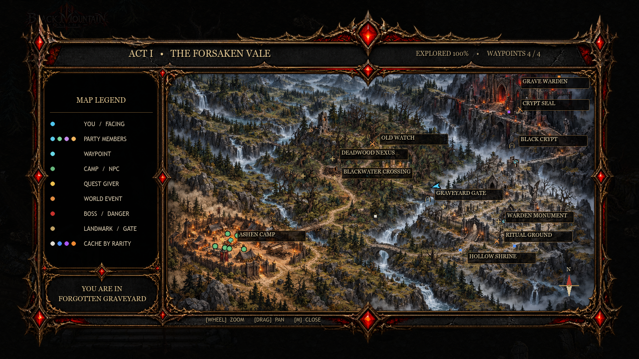 The fully explored in-game map of the Forsaken Vale, showing Ashen Camp, four waypoints, forest roads, rivers, the Forgotten Graveyard and Black Crypt.