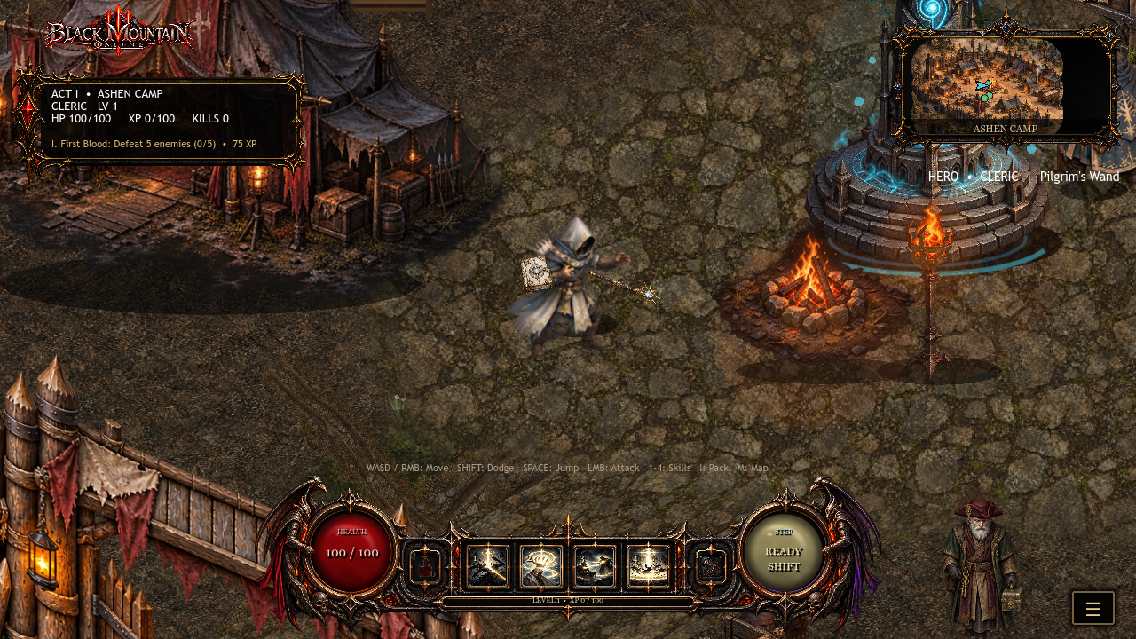 A Cleric carrying a Pilgrim's Wand and sacred off-hand focus beside the Ashen Camp waystone, framed by the quest tracker, minimap and four radiant skills.