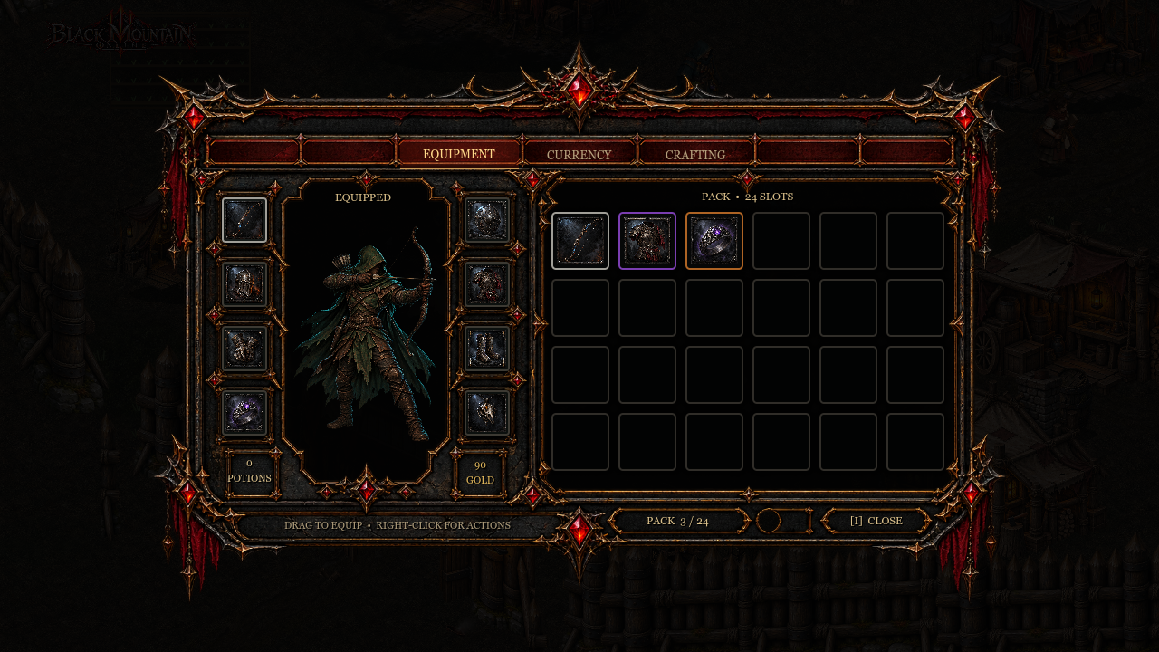 The gothic equipment interface showing a fully rendered Hunter, eight equipped item slots, three collected items and an otherwise empty 24-slot equipment pack.